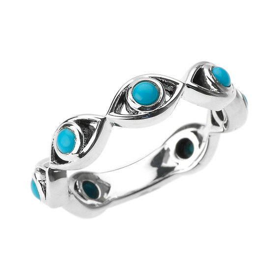 White Gold Turquoise Evil Eye Band