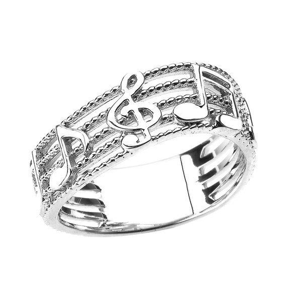 White Gold Treble Clef with Musical Notes Wavy Band Ring 7.5 MM