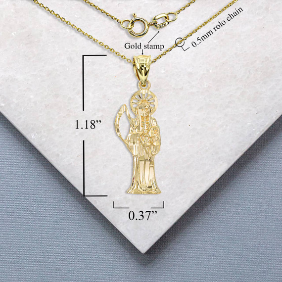 Yellow Gold Santa Muerte Charm Pendant Necklace with Measurement