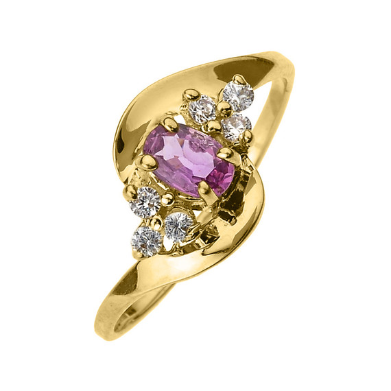 Beautiful Yellow Gold Diamond and Pink Sapphire Proposal and Birthstone Ring