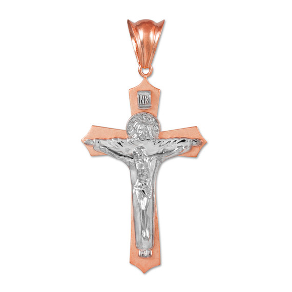 Rose and White Gold Holy Trinity Crucifix Pendant Midsize