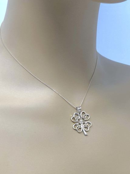 White Gold Celtic Trinity Knot Clover Pendant Necklace