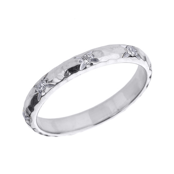White Gold 3 mm Hammered Stackable Diamond Ring