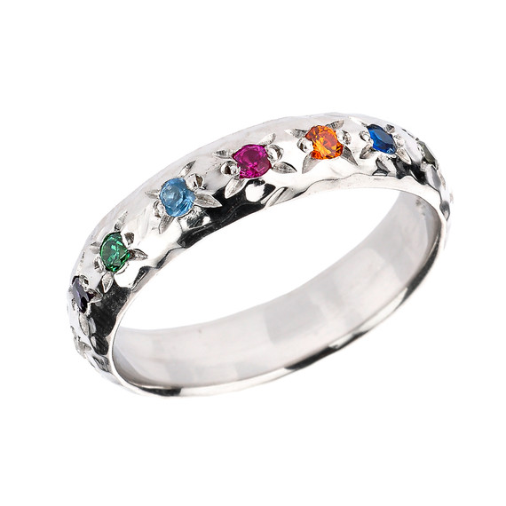 Sterling Silver Hammered Multi-Color CZ Rainbow LGBT Unisex Ring Sterling Silver Hammered Multi-Color CZ Rainbow LGBT Unisex Ring