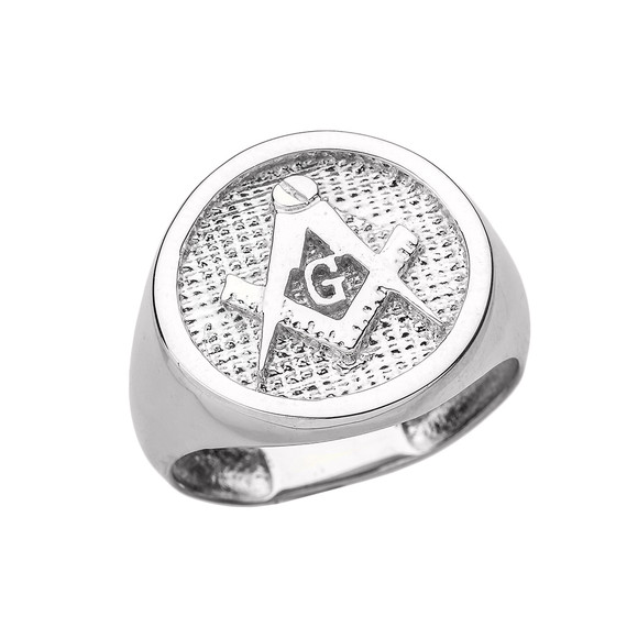 White Gold Freemason Square & Compass Round Textured Signet Ring