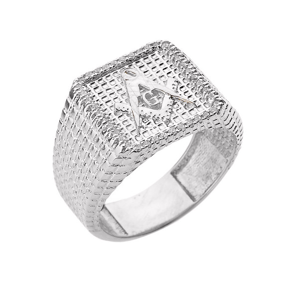 White Gold Freemason Diamond Square & Compass Textured Square Signet Ring