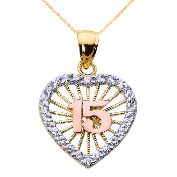 Tri-Color Gold Cubic Zirconia Heart Halo 15 Años Quinceañera Pendant Necklace