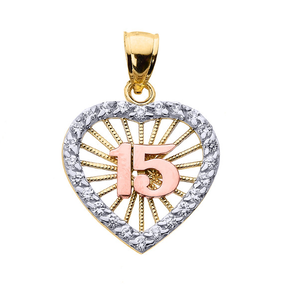 Tri-Color Gold Cubic Zirconia Heart Halo 15 Años Quinceañera Pendant