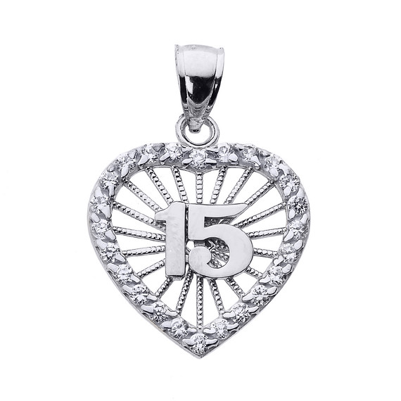 White Gold Sweet 15 AÃ±os Quinceanera CZ Heart Pendant Necklace