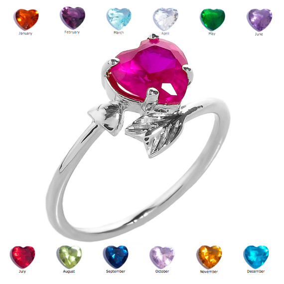 White Gold Heart and Arrow Birthstone Cubic Zirconia Ladies Ring
