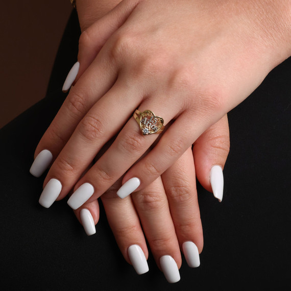 Tri-Color Gold Cubic Zirconia Heart 15 Años Flower Quinceañera Filigree Ring