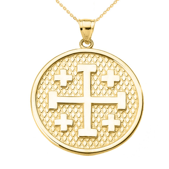 Yellow Gold Jerusalem Cross Round Pendant Necklace