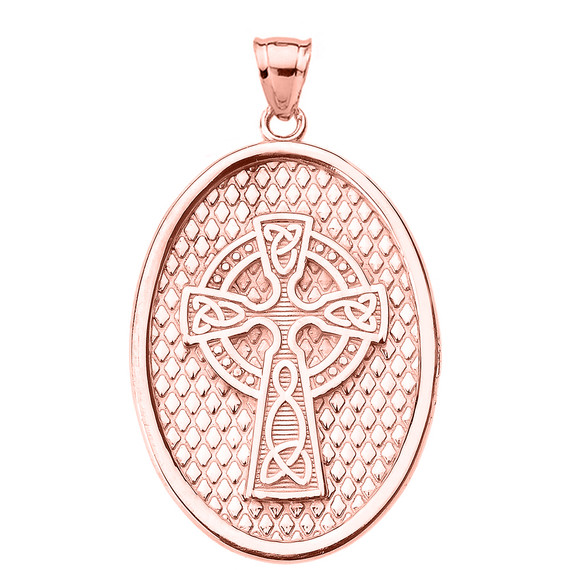 Rose Gold Trinity Knot Celtic Cross Oval Pendant Necklace