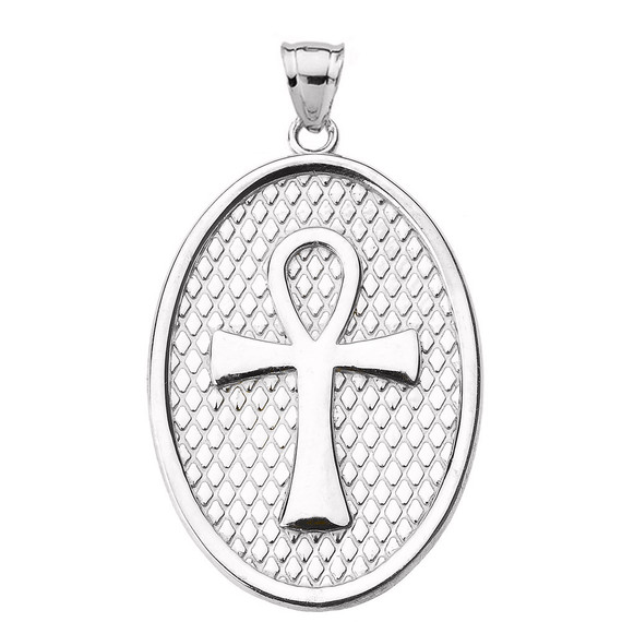 Sterling Silver Egyptian Ankh Cross Oval Pendant Necklace