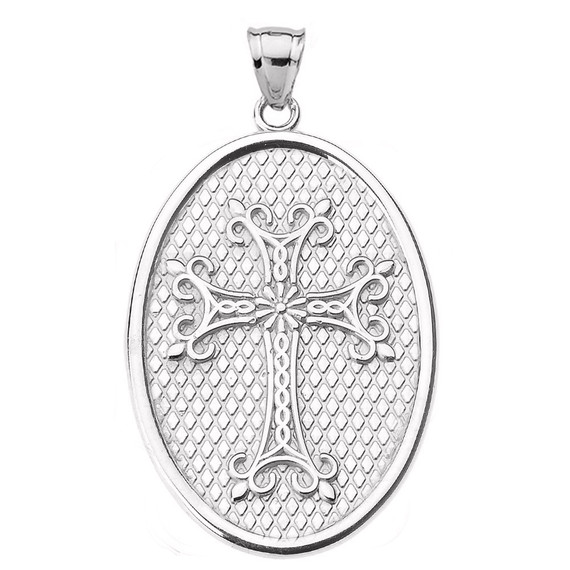 Sterling Silver Armenian Apostolic Cross Oval Religious Pendant Necklace
