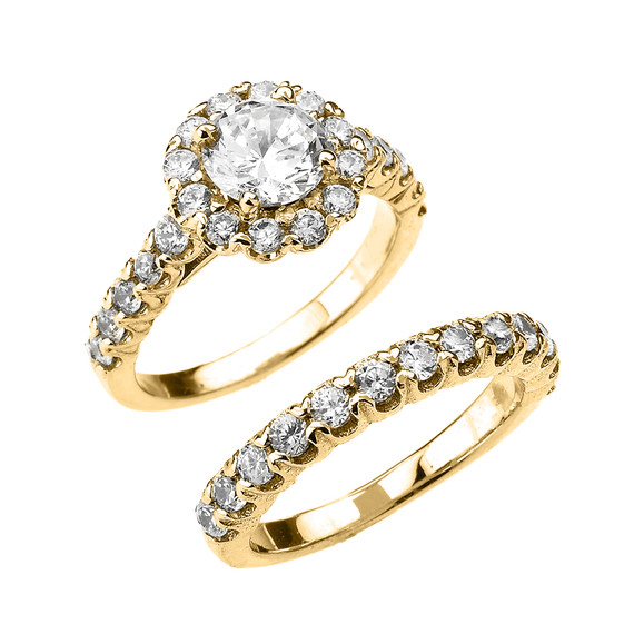 CZ Halo Engagement Ring Set in Yellow Gold