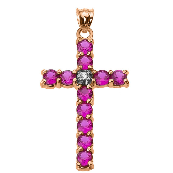 10k Rose Gold Diamond and Red CZ Cross Pendant Necklace