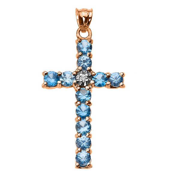 10k Rose Gold Diamond and Light Blue CZ Cross Pendant Necklace