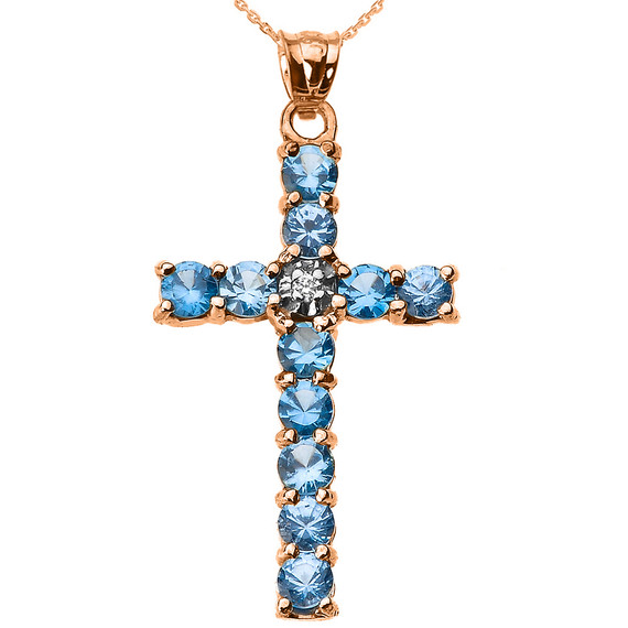 10k Rose Gold Diamond and Light Blue CZ Cross Pendant Necklace