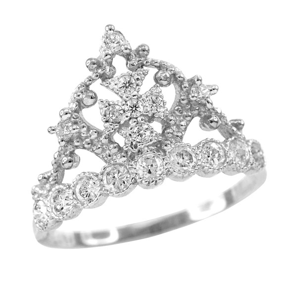 White Gold Crown Cross CZ Ring