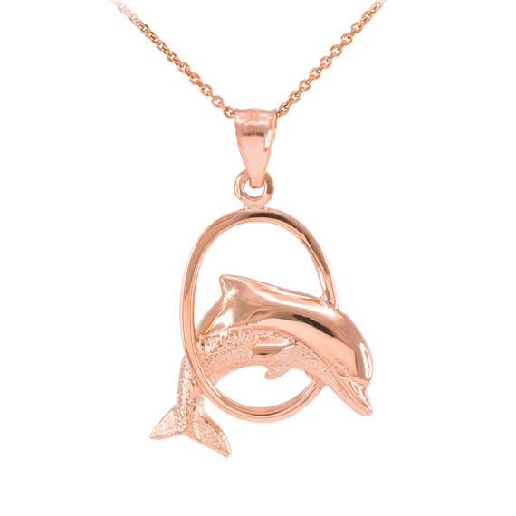 Solid Gold Hoop Jumping Dolphin Pendant Necklace  (Available in Yellow/Rose/White Gold)