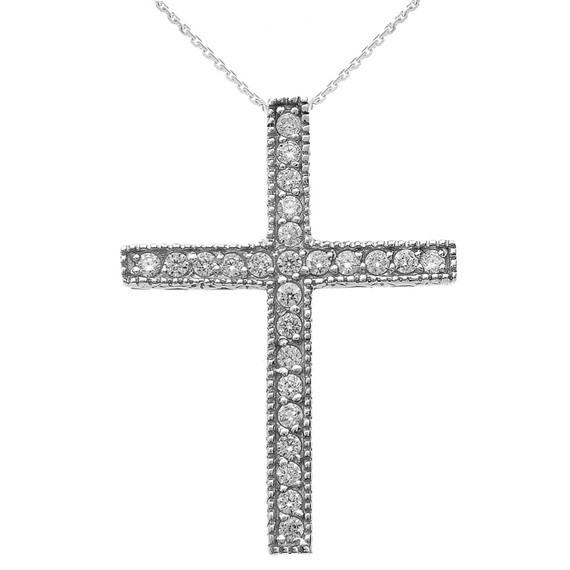 White Gold Milgrain Edged Diamond Cross Pendant Necklace