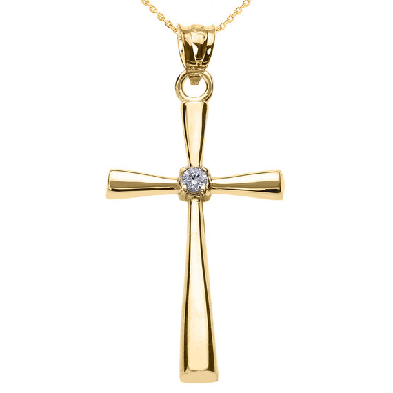 Yellow Gold Solitaire Diamond Cross Pendant Necklace