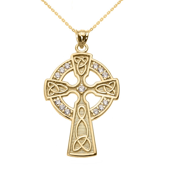 Yellow Gold Cubic Zirconia Trinity Knot Celtic Cross Pendant Necklace