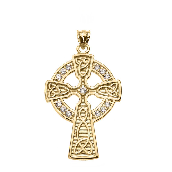 Yellow Gold Cubic Zirconia Trinity Knot Celtic Cross Pendant Necklace