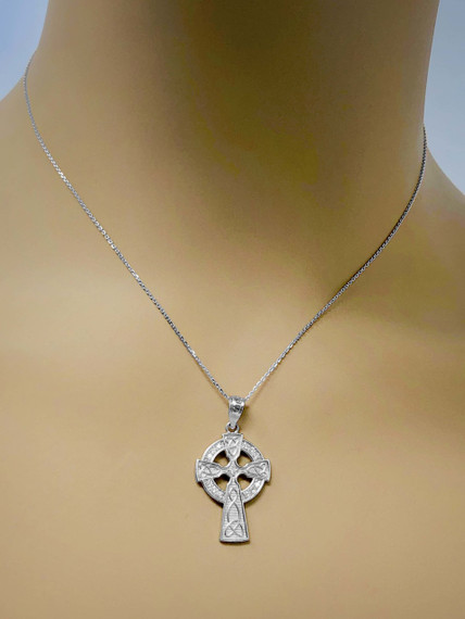 White Gold Cubic Zirconia Trinity Knot Celtic Cross Pendant Necklace