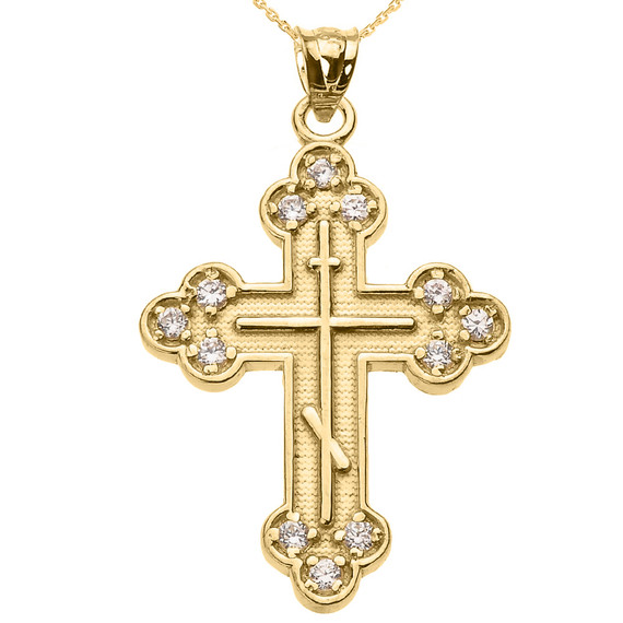 Yellow Gold CZ Eastern Orthodox Russian Cross Pendant Necklace