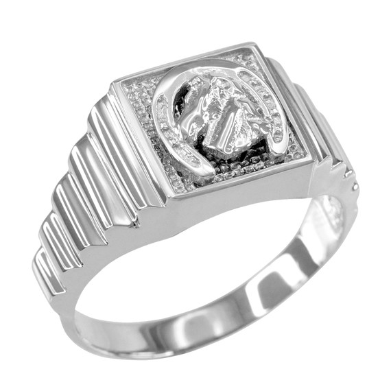 White Gold Lucky Horseshoe Textured Men's Signet Ring