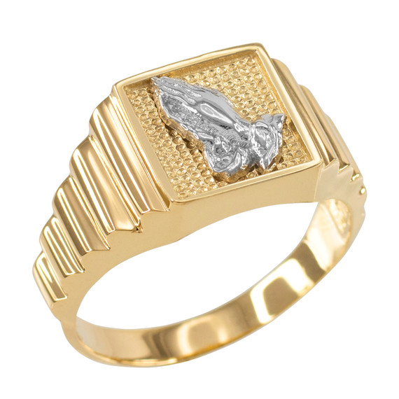 Yellow Gold Religious Praying Hands Textured Men's Signet Ring