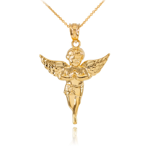 Yellow Gold Praying Cherub Angel Pendant Necklace