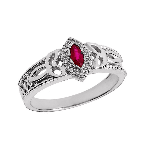 White Gold Ladies Ruby and Diamond Trinity Knot Proposal Ring