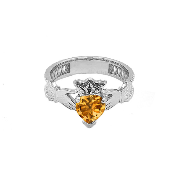 White Gold Lab Created CZ Celtic Design Claddagh Proposal Ring