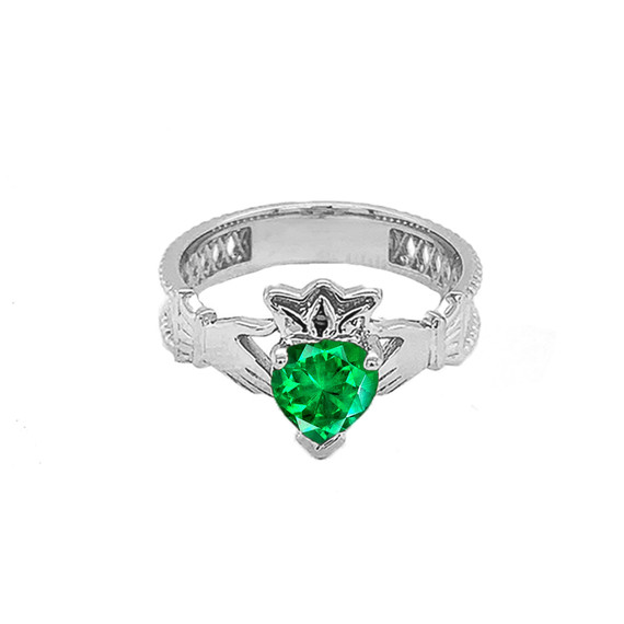 White Gold Lab Created CZ Celtic Design Claddagh Proposal Ring