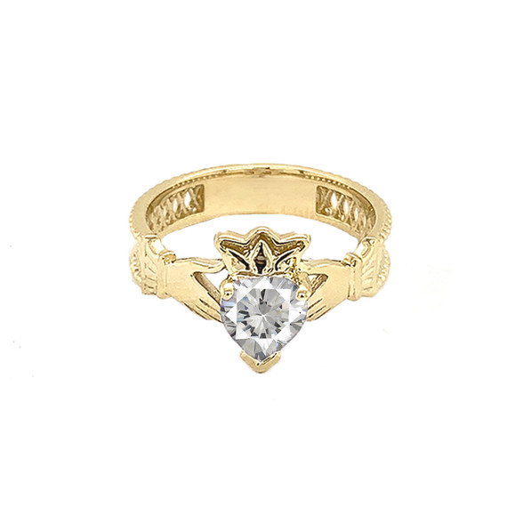 Yellow Gold Lab Created CZ Celtic Design Claddagh Proposal Ring