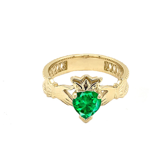 Yellow Gold Lab Created CZ Celtic Design Claddagh Proposal Ring