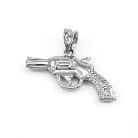 Solid White Gold Revolver Pistol Gun Pendant Necklace