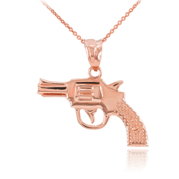 Solid Rose Gold Revolver Pistol Gun Pendant Necklace