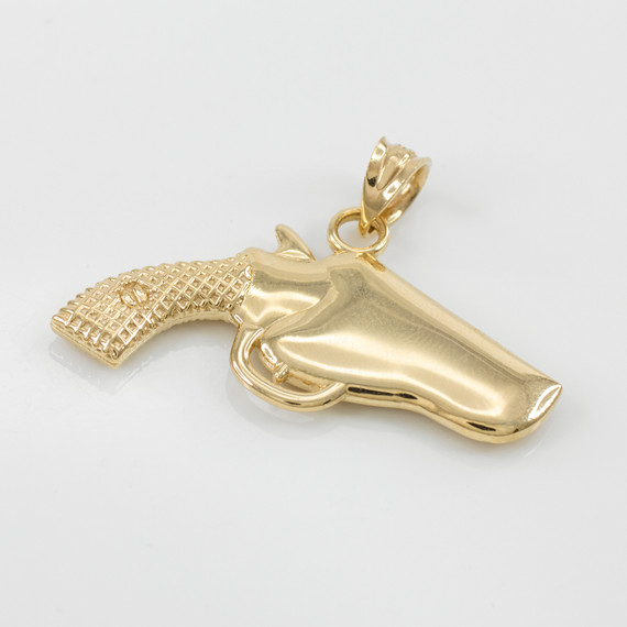 Bold Yellow Gold Revolver Pistol Gun in Holster Pendant Necklace