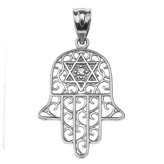 925 Sterling Silver Hamsa Hand With Star of David Pendant Necklace