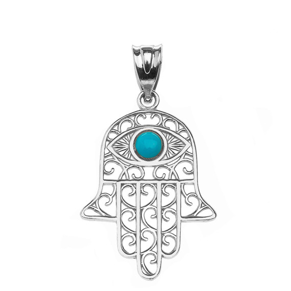 925 Sterling Silver Hamsa Hand With Turquoise Evil Eye Pendant Necklace