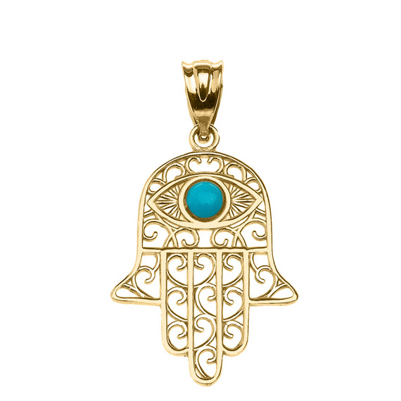 Yellow Gold Hamsa Hand With Hamsa Hand With Turquoise Evil Eye Pendant Necklace