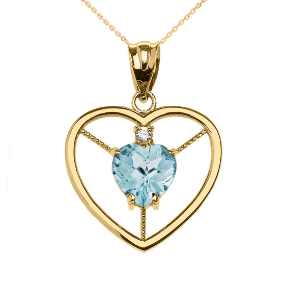 Yellow Gold Heart Cubic Zirconia Aquamarine Birthstone Pendant Necklace
