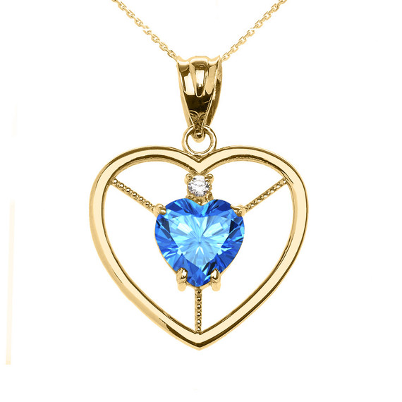 Yellow Gold Heart Cubic Zirconia Blue Topaz Birthstone Pendant Necklace