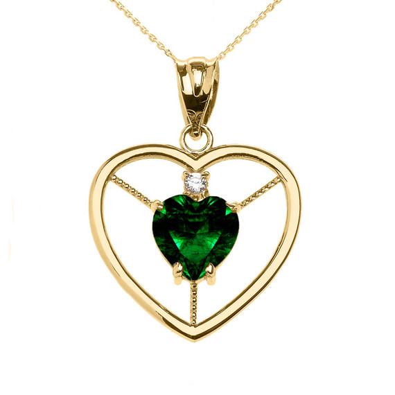 Yellow Gold Heart Cubic Zirconia Emerald Birthstone Pendant Necklace