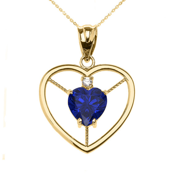 Yellow Gold Heart Cubic Zirconia Sapphire Birthstone Pendant Necklace