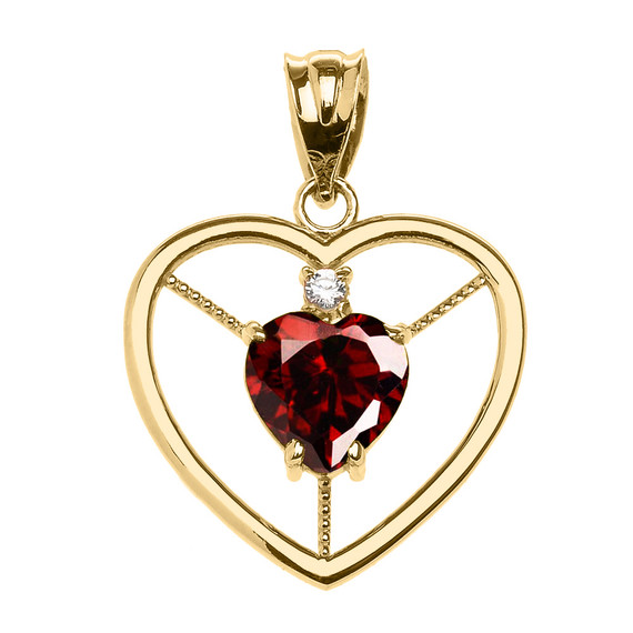 Yellow Gold Heart Cubic Zirconia Garnet Birthstone Pendant